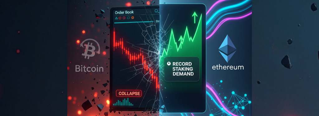 Bitcoin's order book just collapsed while Ethereum hit record staking demand.