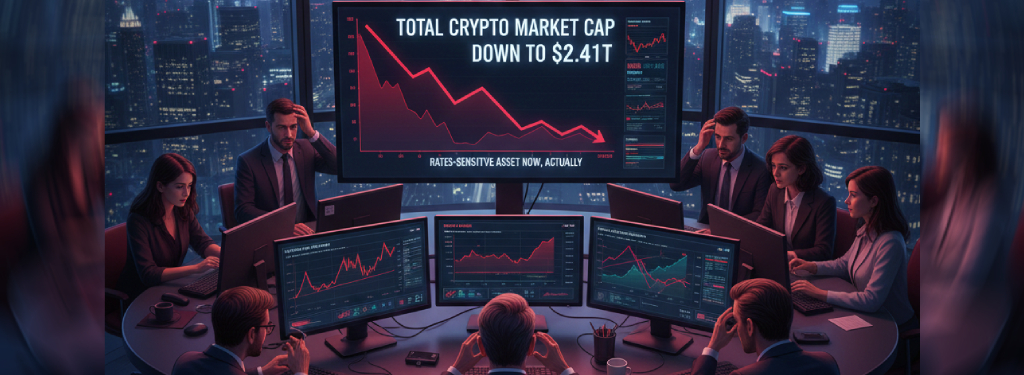 As stocks and even gold slid, crypto followed along obediently, knocking total market cap down to $2.41T and reminding everyone it’s a rates-sensitive asset now, actually