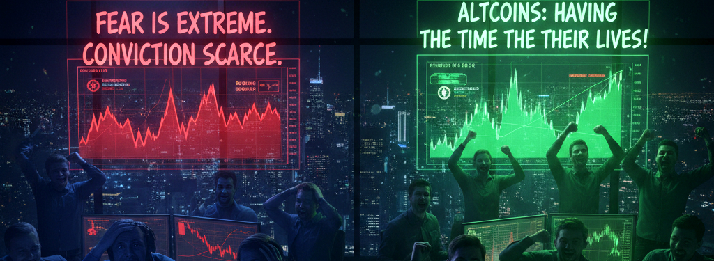 Fear is extreme, conviction is scarce, and somehow a few altcoins are having the time of their lives