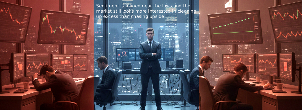Sentiment is pinned near the lows, leverage keeps getting trimmed, and the market still looks more interested in cleaning up excess than chasing upside