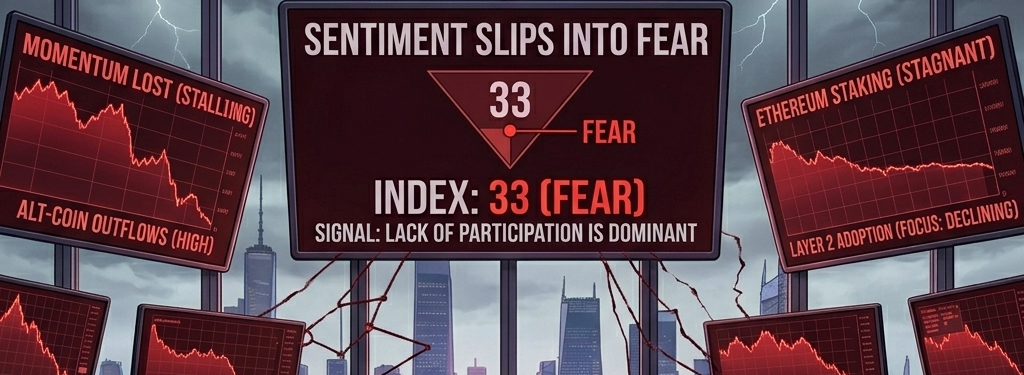 Sentiment has slipped back into fear, with the index at 33, but the bigger signal is participation, or the lack of it