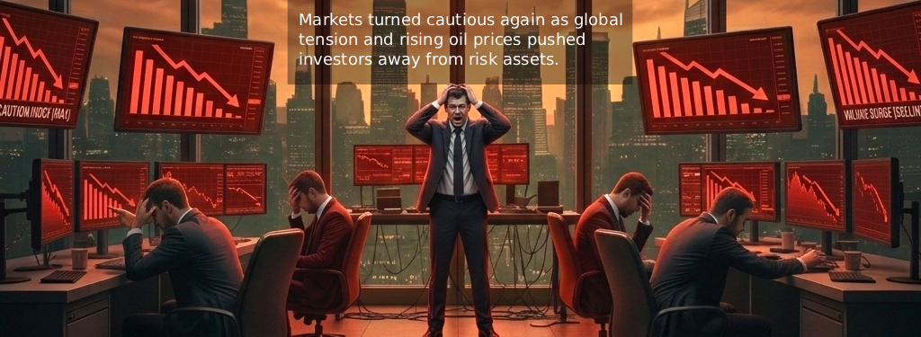 Markets turned cautious again as global tension and rising oil prices pushed investors away from risk assets