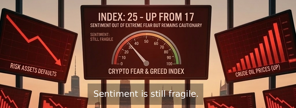 Sentiment is still fragile. The Fear & Greed Index sits at 25, up from 17, signalling the market has stepped out of extreme fear but remains cautious.