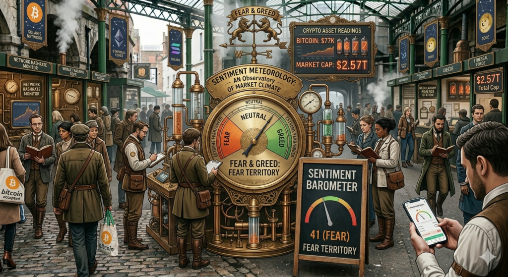 Fear and Greed is in fear territory. Bitcoin is holding near $77K, and the market cap sits around $2.57T